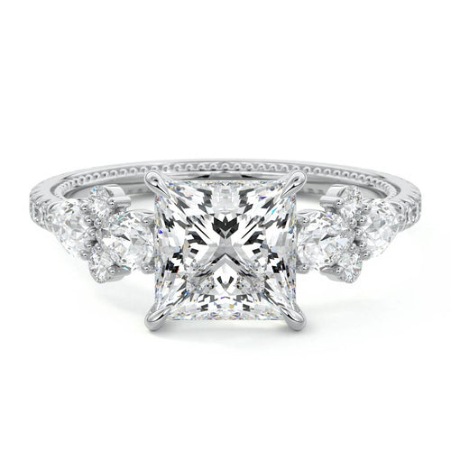 Vera princess floral side stone pavé lab grown diamond engagement ring in white gold