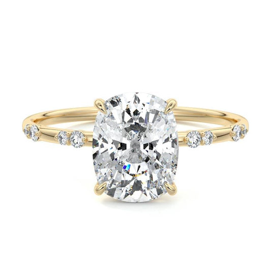 Yasmin cushion side stone lab grown diamond engagement ring in yellow gold