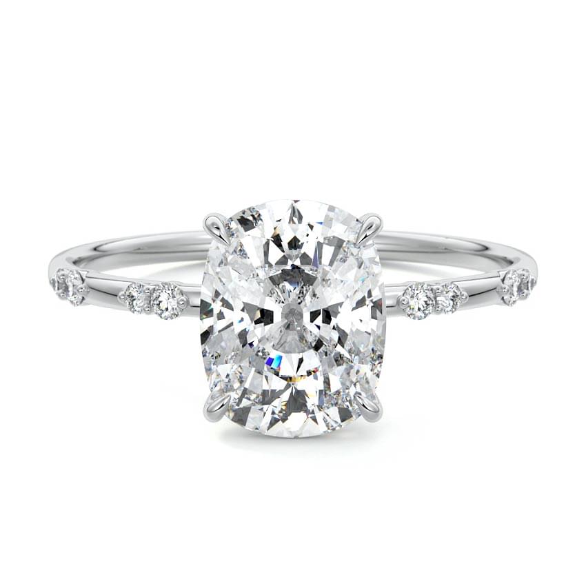 Yasmin cushion side stone lab grown diamond engagement ring in platinum