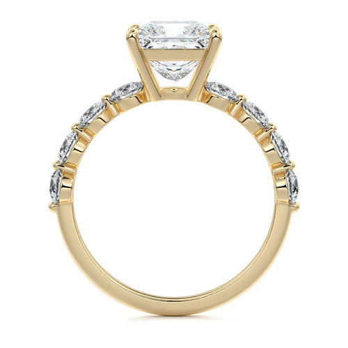 Aria princess graduated side stone lab grown diamond engagement ring in yellow gold