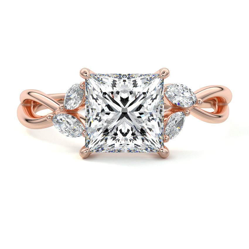 Cassia princess twisted side stone lab grown diamond engagement ring in rose gold