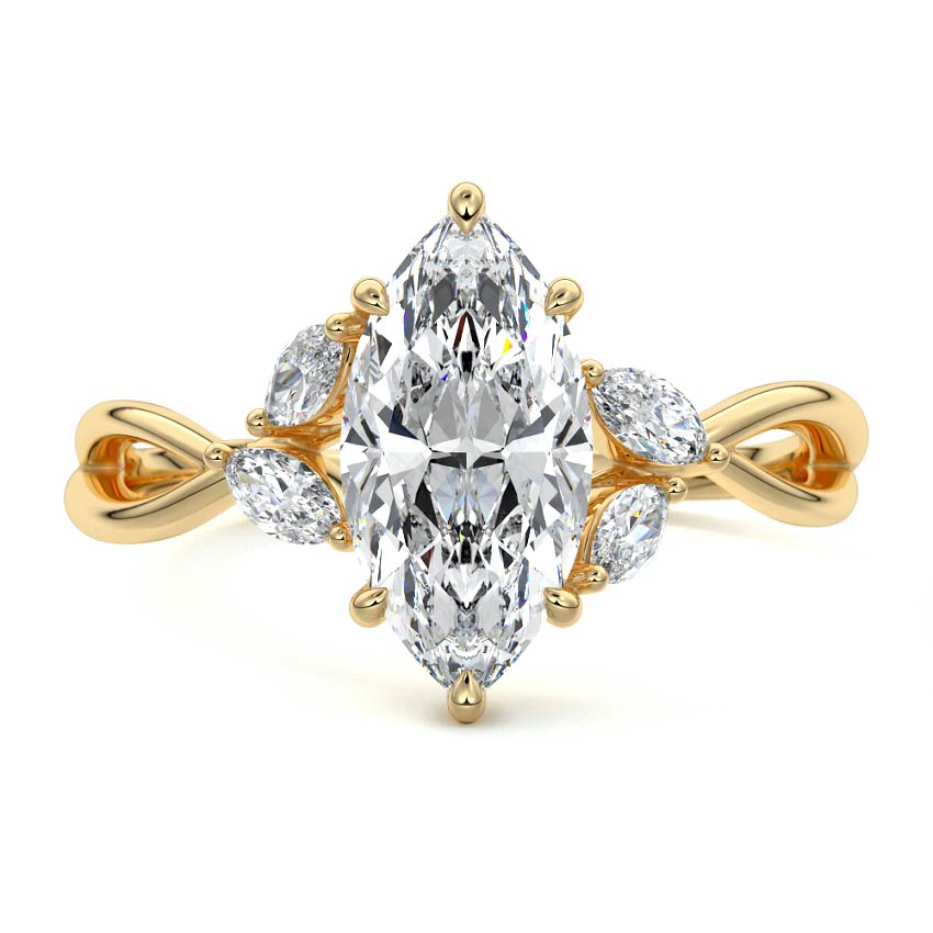 Cassia marquise twisted side stone lab grown diamond engagement ring in yellow gold