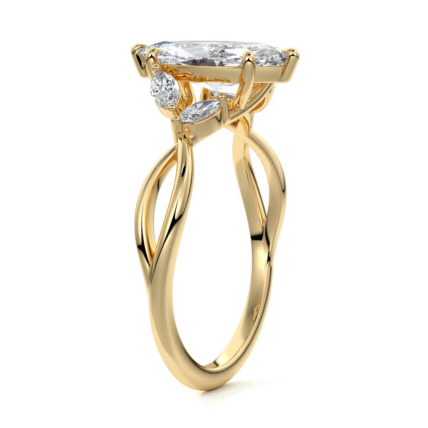 Cassia marquise twisted side stone lab grown diamond engagement ring in yellow gold