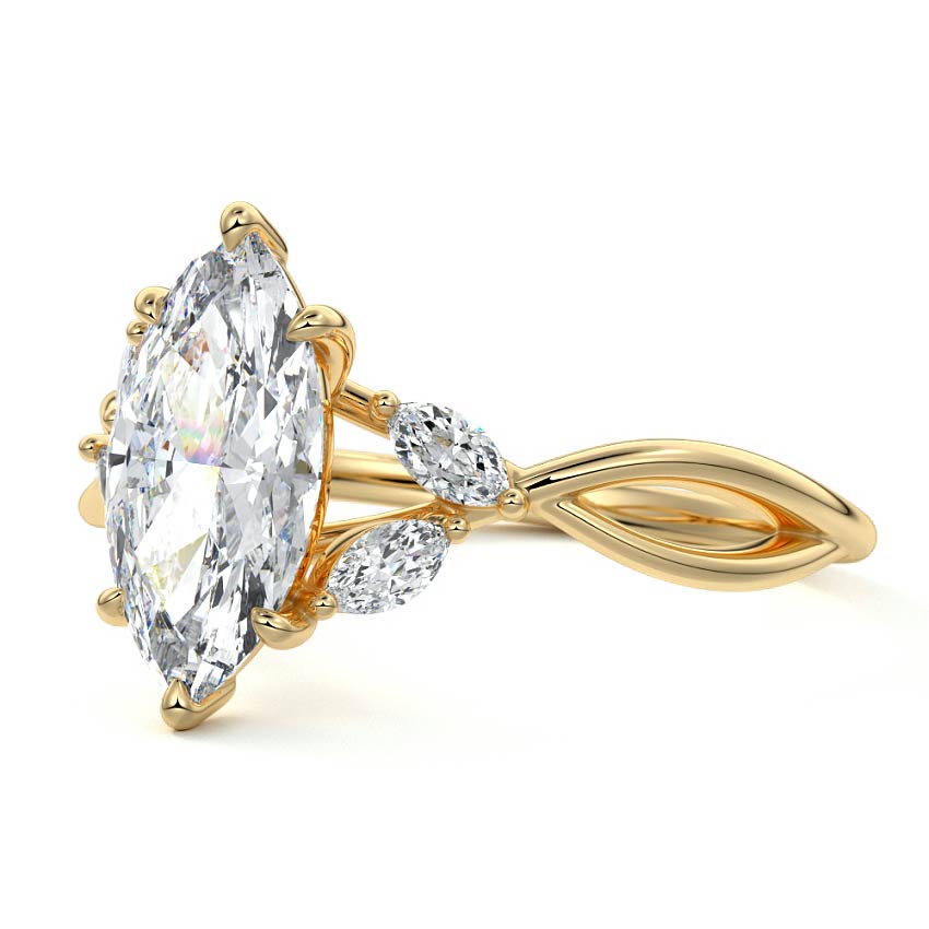 Cassia marquise twisted side stone lab grown diamond engagement ring in yellow gold