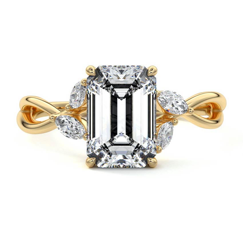 Cassia emerald cut twisted side stone lab grown diamond engagement ring in yellow gold