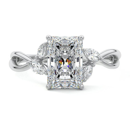 Cassia radiant twisted side stone lab grown diamond engagement ring in white gold