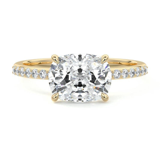 Catrina east-west cushion pavé solitaire lab grown diamond engagement ring in yellow gold