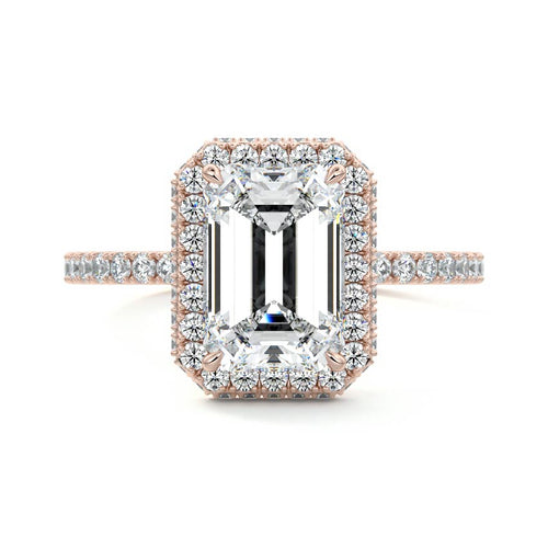 Cleo emerald cut double halo pavé lab grown diamond engagement ring in rose gold