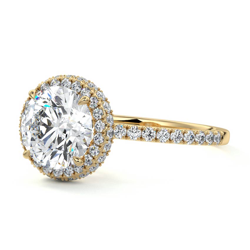 Cleo round double halo pavé lab grown diamond engagement ring in yellow gold