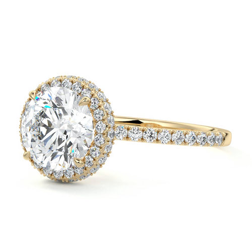 Cleo round double halo pavé lab grown diamond engagement ring in yellow gold
