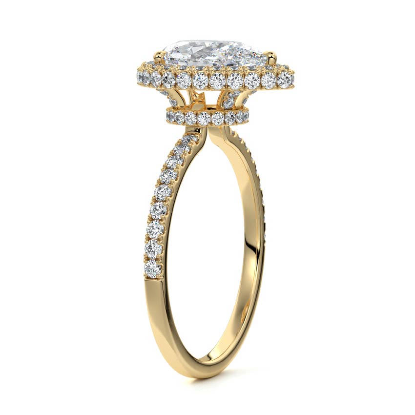 Cleo pear double halo pavé lab grown diamond engagement ring in yellow gold
