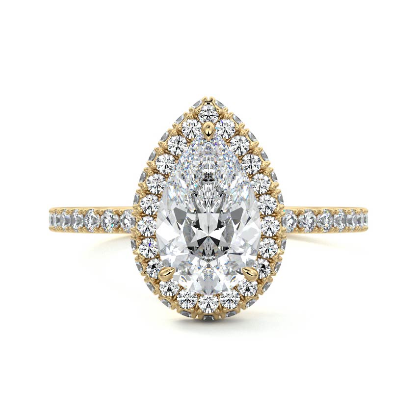 Cleo pear double halo pavé lab grown diamond engagement ring in yellow gold