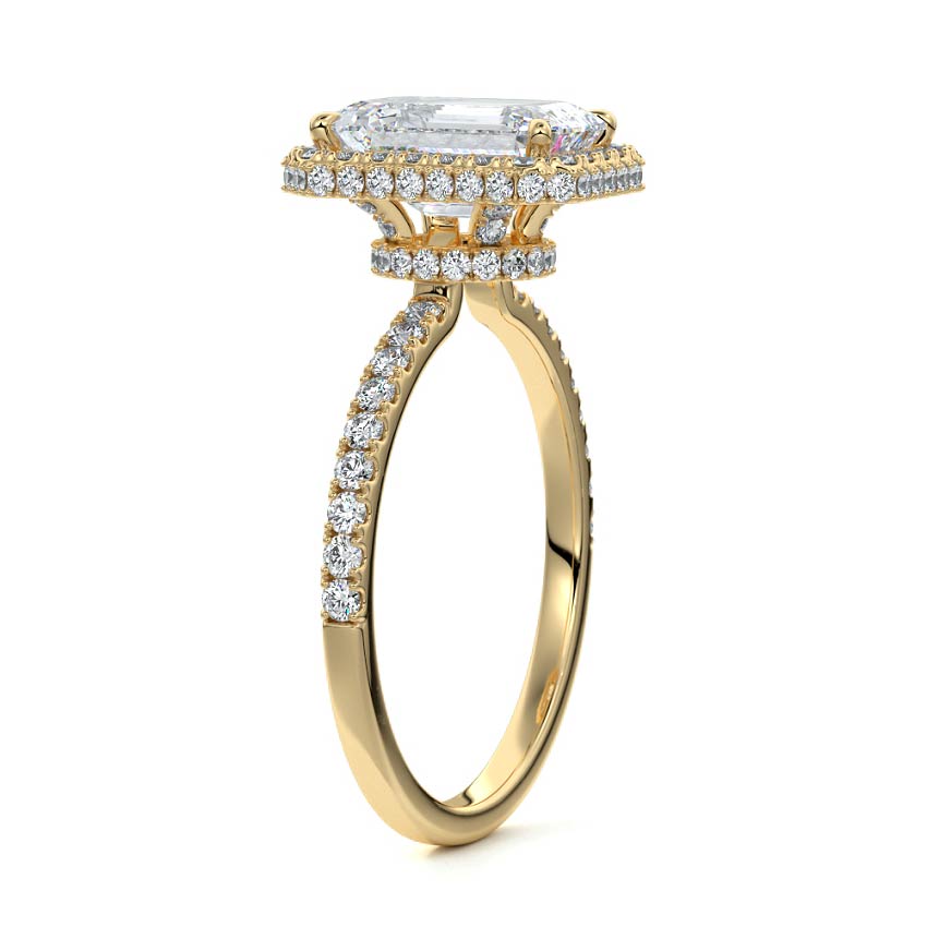 Cleo emerald cut double halo pavé lab grown diamond engagement ring in yellow gold