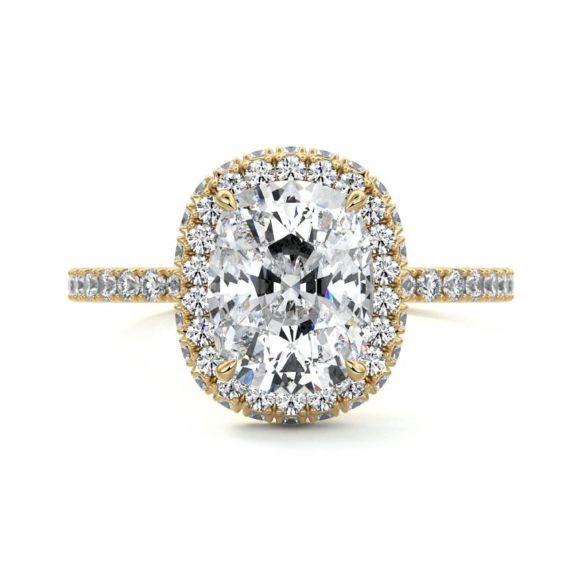 Cleo cushion double halo pavé lab grown diamond engagement ring in yellow gold