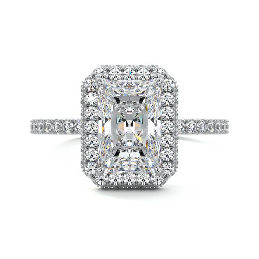 Cleo radiant double halo pavé lab grown diamond engagement ring in white gold