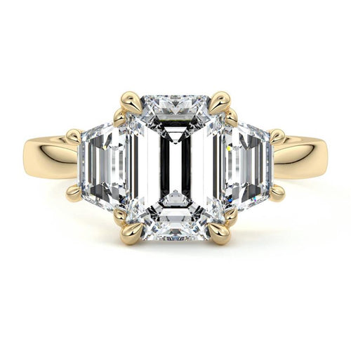 Cosima emerald cut three-stone lab grown diamond engagement ring in yellow gold