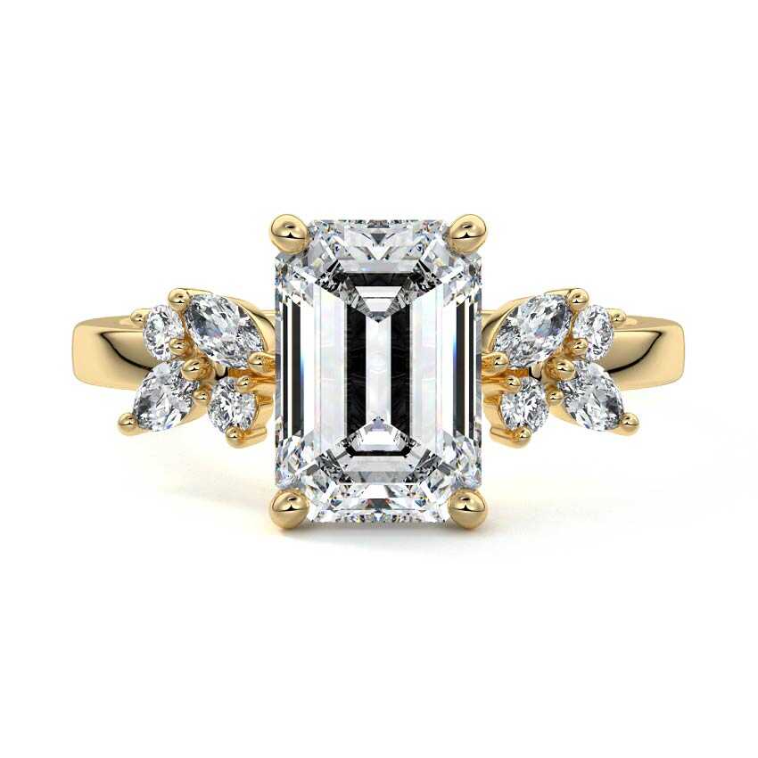 Fiorella emerald cut cluster side stone lab grown diamond engagement ring in yellow gold