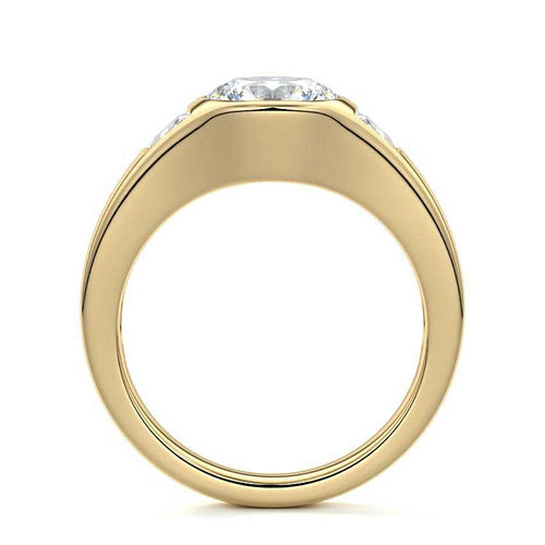 Hana round bezel three-stone lab grown diamond engagement ring in yellow gold
