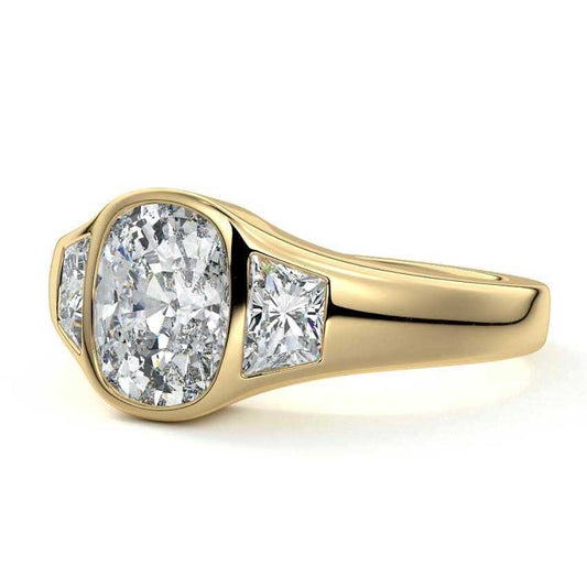 Hana cushion bezel three-stone lab grown diamond engagement ring in yellow gold