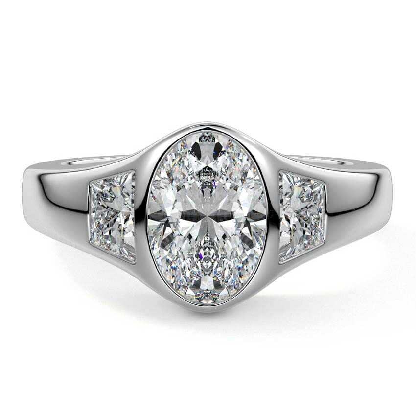 Hana oval bezel three-stone lab grown diamond engagement ring in white gold