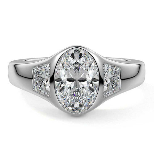 Hana oval bezel three-stone lab grown diamond engagement ring in white gold