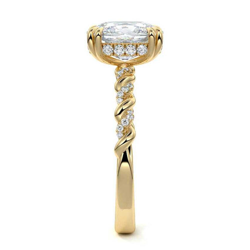 Heloise cushion twisted hidden halo pavé lab grown diamond engagement ring in yellow gold