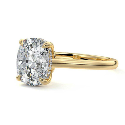 Ginevra cushion hidden halo solitaire lab grown diamond engagement ring in yellow gold