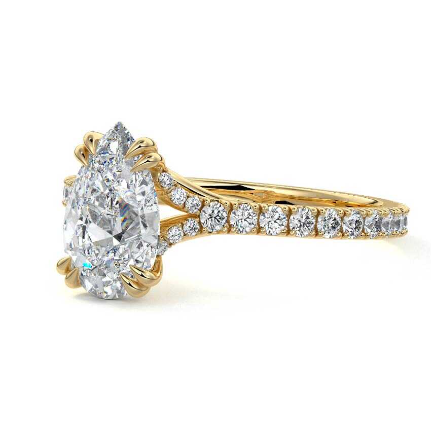 Imani pear double prong hidden halo pavé lab grown diamond engagement ring in yellow gold
