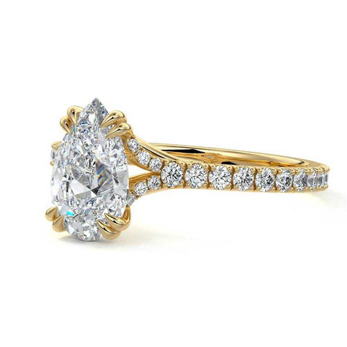 Imani pear double prong hidden halo pavé lab grown diamond engagement ring in yellow gold