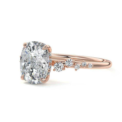 Jessara cushion hidden halo cluster side stone lab grown diamond engagement ring in rose gold
