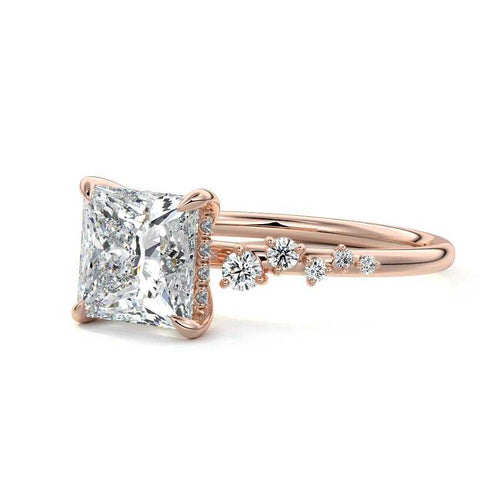 Jessara princess hidden halo cluster side stone lab grown diamond engagement ring in rose gold