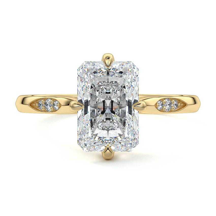 Kaia radiant flush set side stone lab grown diamond engagement ring in yellow gold