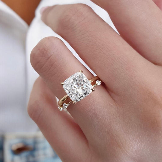 Mireya cushion hidden halo solitaire lab grown diamond engagement ring in yellow gold
