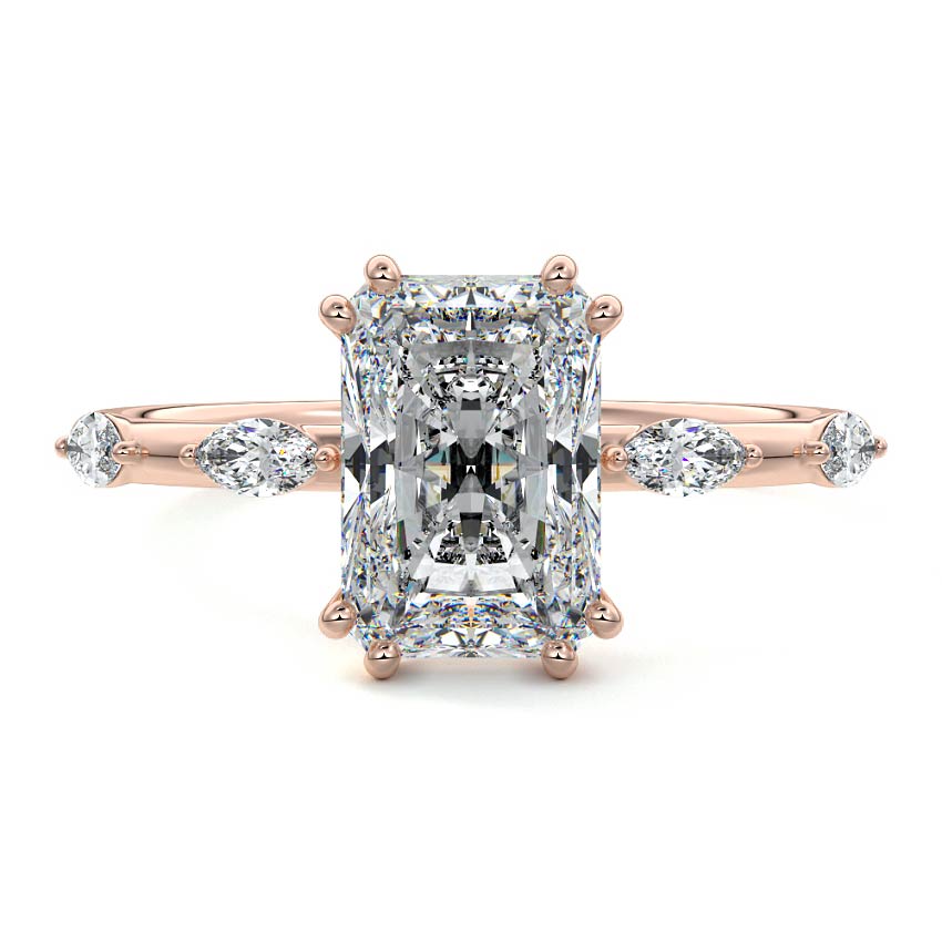 Perla radiant side stone lab grown diamond engagement ring in rose gold