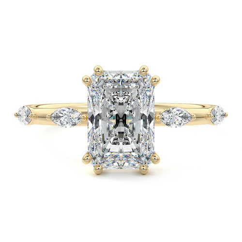 Perla radiant side stone lab grown diamond engagement ring in yellow gold
