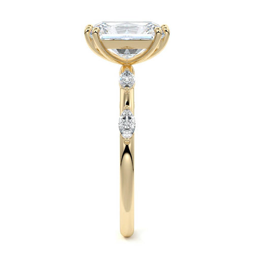Perla radiant side stone lab grown diamond engagement ring in yellow gold