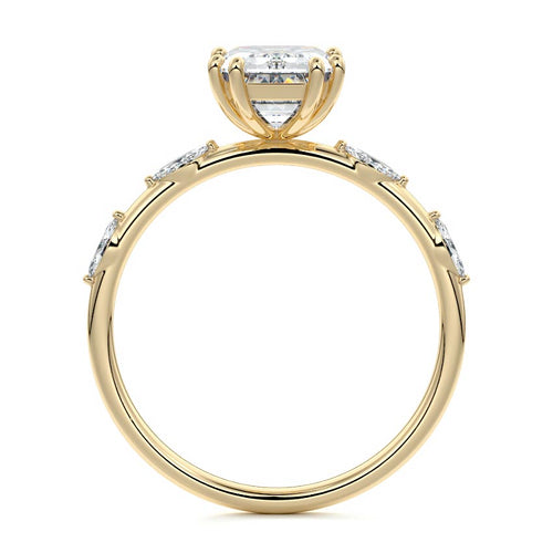 Perla emerald cut side stone lab grown diamond engagement ring in yellow gold