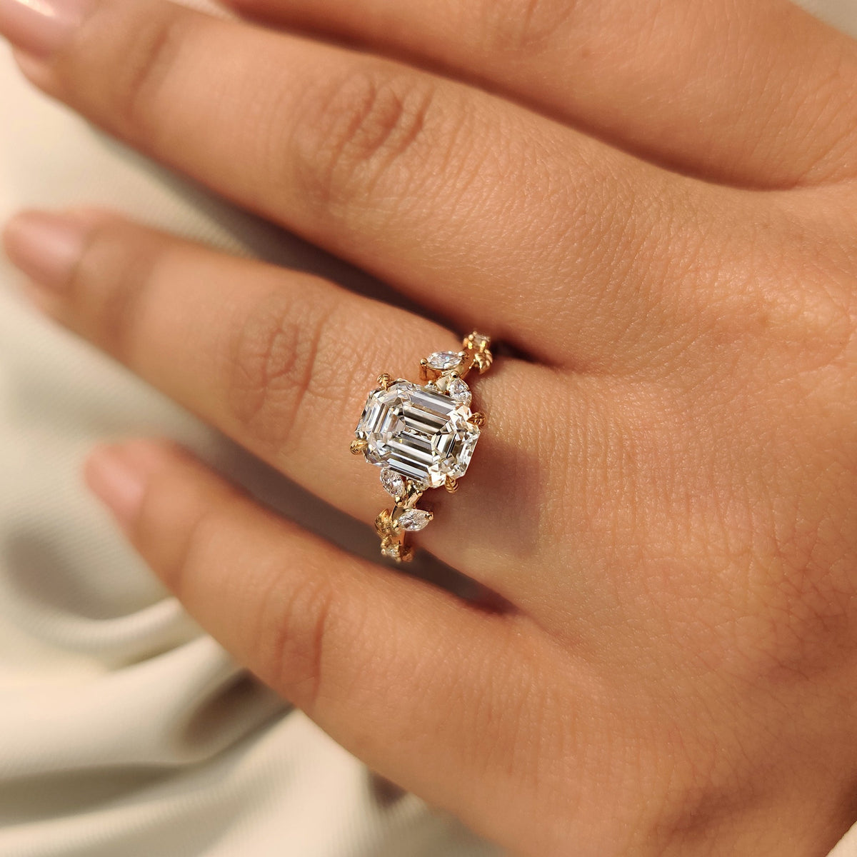 Leonora Elise - Old Mine Emerald Cut Nature Inspired Ring in Leaf Style Prong