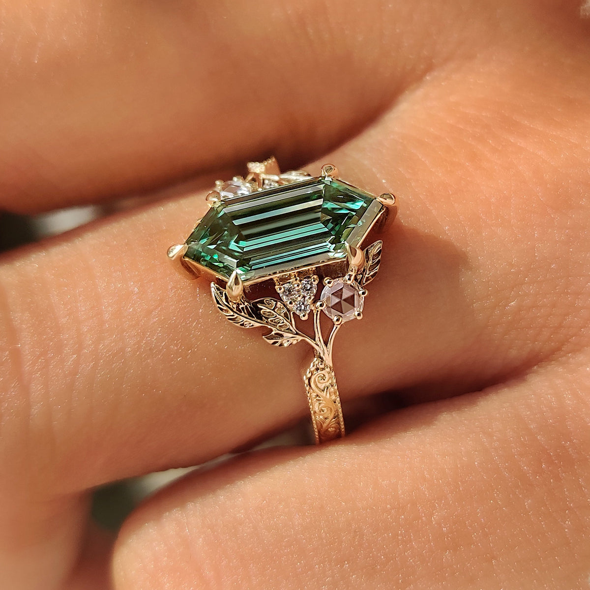 Aurelia Marie - Green Hexagon Step Cut Diamond Cluster Ring in Nature Inspired Style
