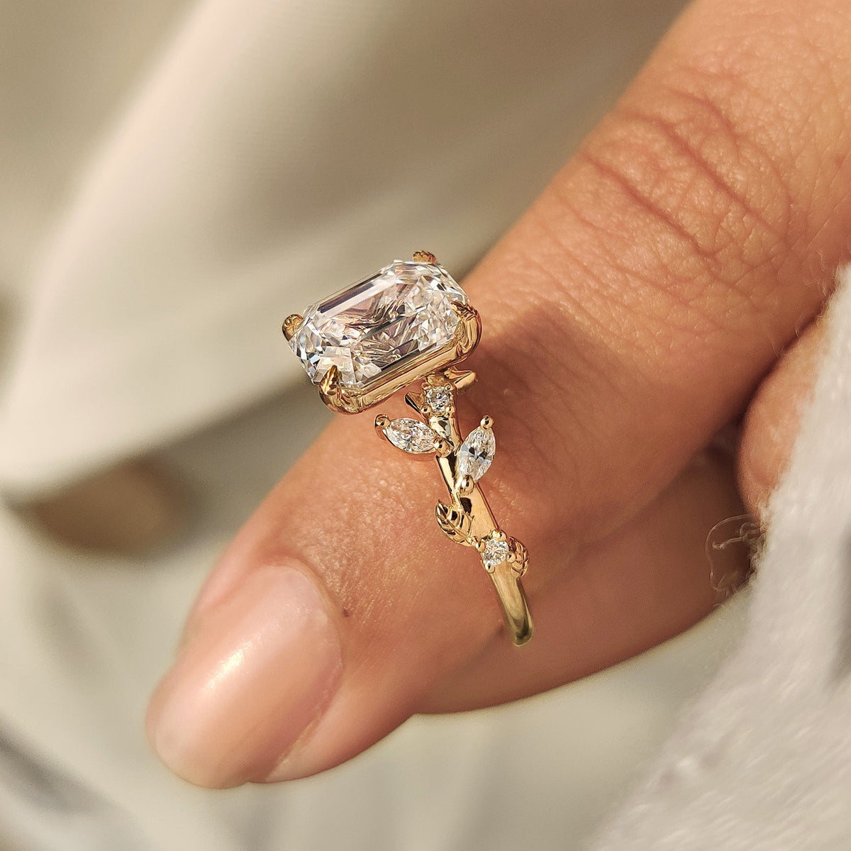 Leonora Elise - Old Mine Emerald Cut Nature Inspired Ring in Leaf Style Prong