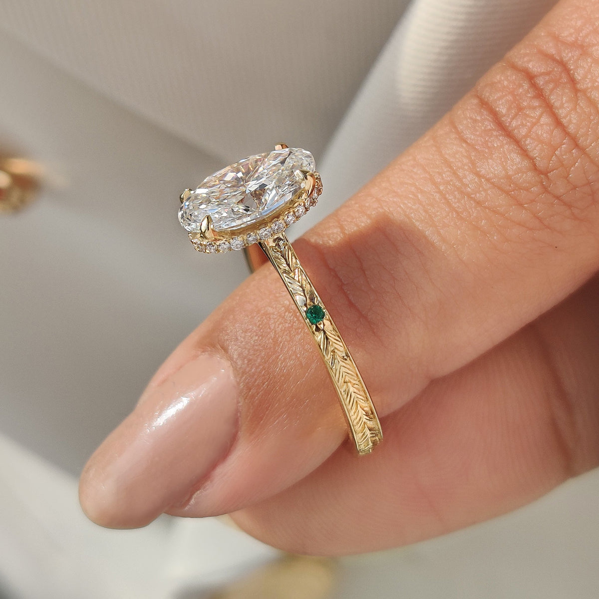 Rosalie Fern - Oval Cut Art Deco Diamond Ring with Two Emerald Side Gemstones