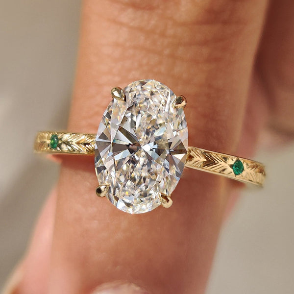 Rosalie Fern - Oval Cut Art Deco Diamond Ring with Two Emerald Side Gemstones
