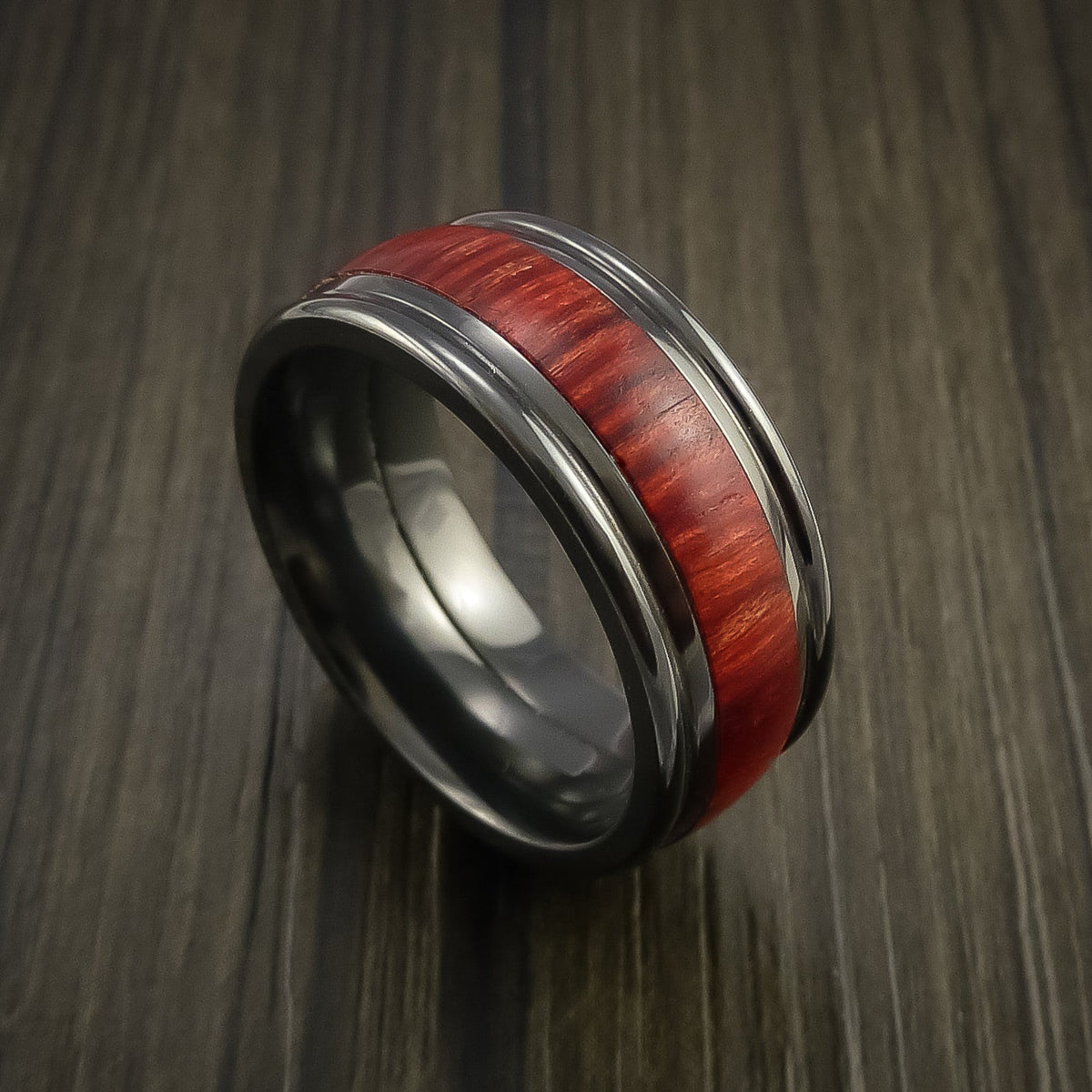 Crown XIII - Black Zirconium Wedding Ring with Wood Inlay Wedding Men's Band - Nura Lab