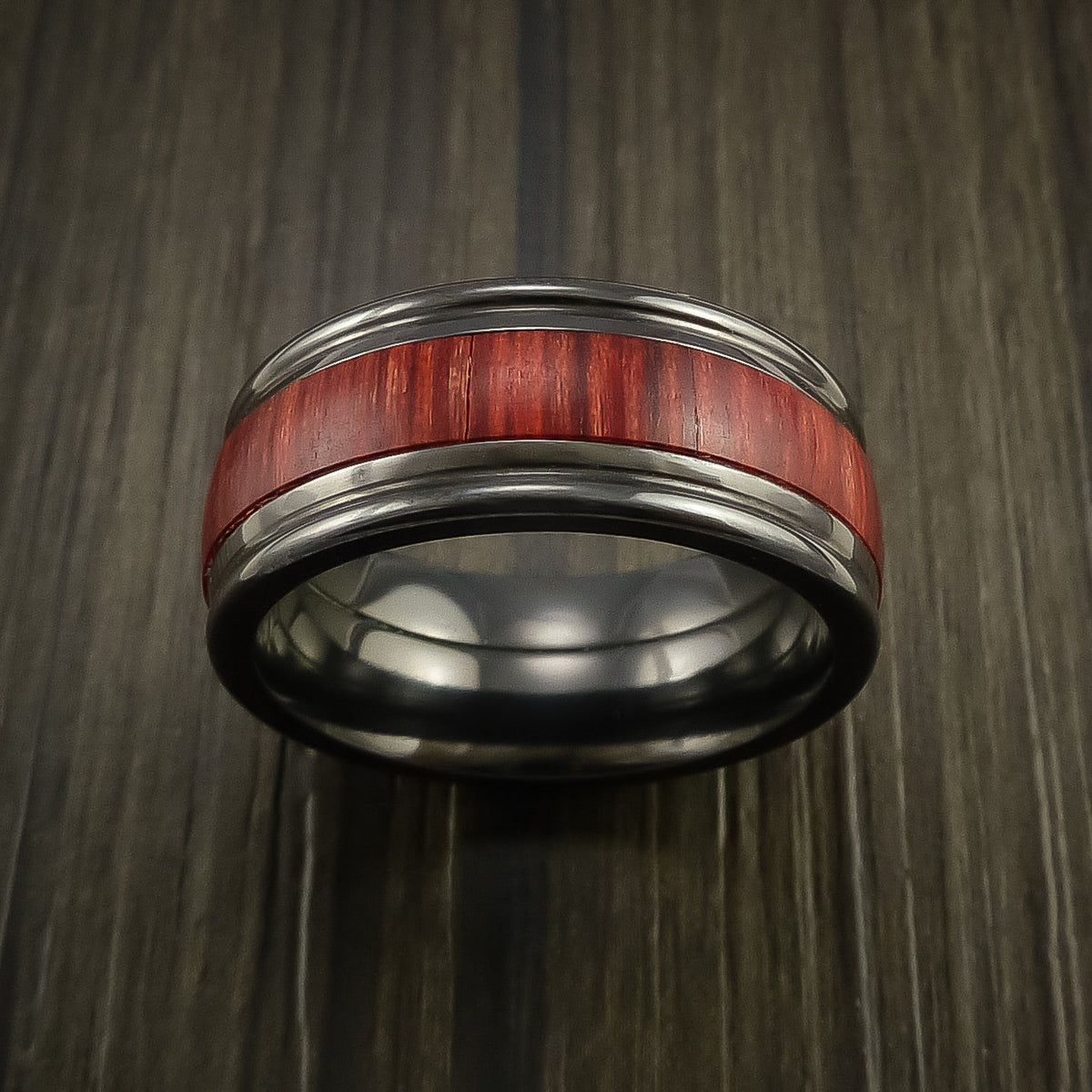 Crown XIII - Black Zirconium Wedding Ring with Wood Inlay Wedding Men's Band - view 2 - Nura Lab