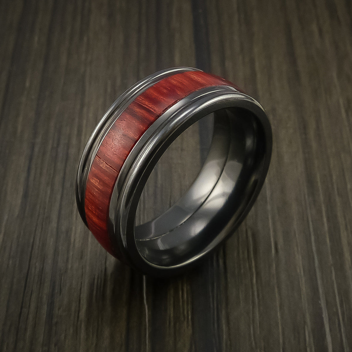 Crown XIII - Black Zirconium Wedding Ring with Wood Inlay Wedding Men's Band - view 3 - Nura Lab