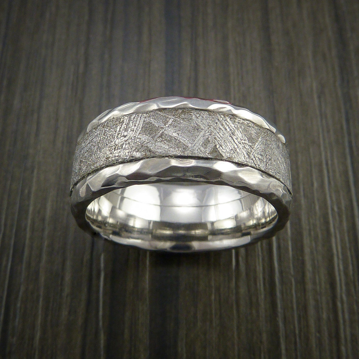 Falcon XVII - Hammered Inconel Men's Ring with Gibeon Meteorite Inlay Wedding Ring - view 2 - Nura Lab