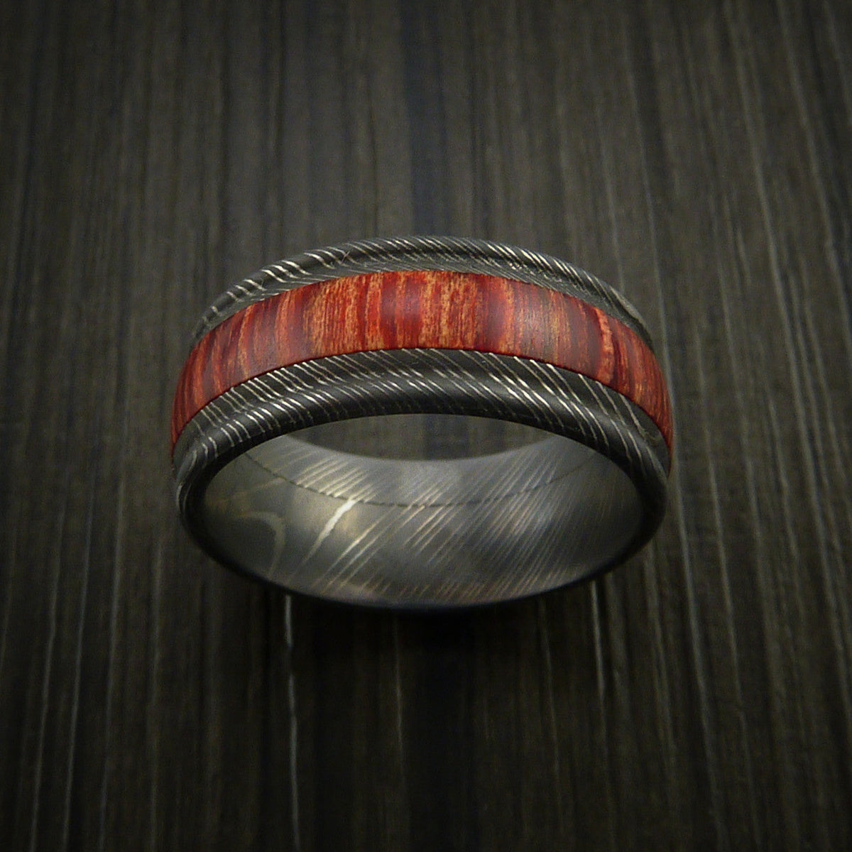 Overlander XI - Wood Men's Wedding Ring and Damascus Men's Ring inlaid with Hardwood - view 2 - Nura Lab