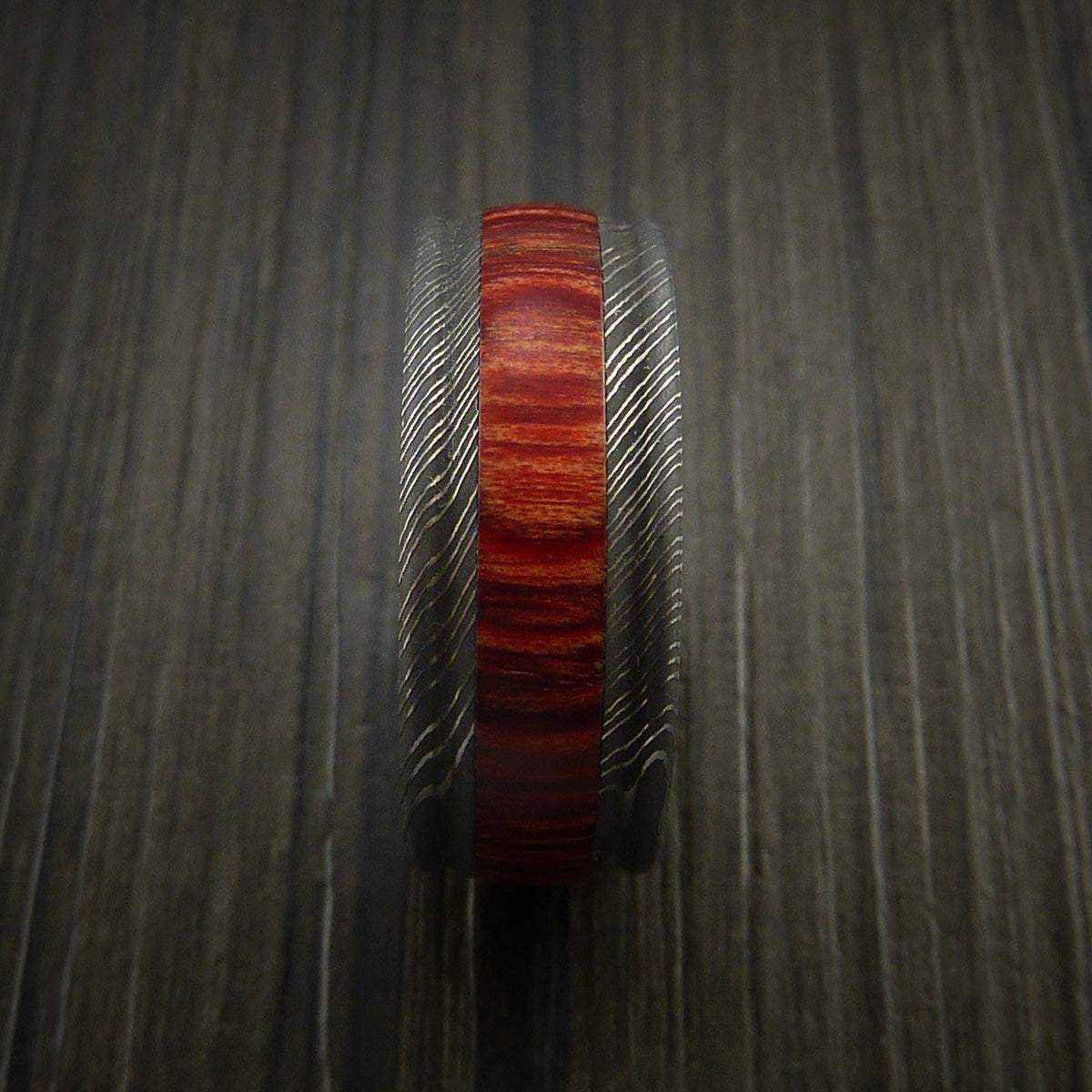 Overlander XI - Wood Men's Wedding Ring and Damascus Men's Ring inlaid with Hardwood - view 3 - Nura Lab