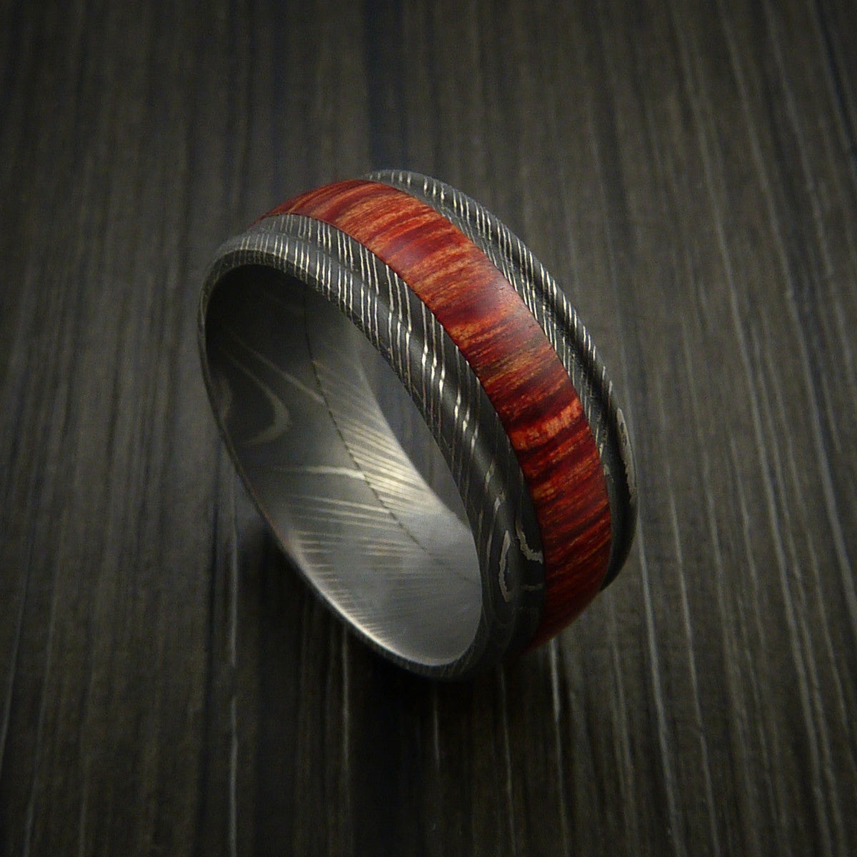 Overlander XI - Wood Men's Wedding Ring and Damascus Men's Ring inlaid with Hardwood - Nura Lab