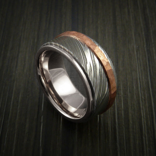 Canyon XII - Damascus Steel 14K White Gold Men's Ring Wedding Ring with Hammered Copper Inlay - Nura Lab
